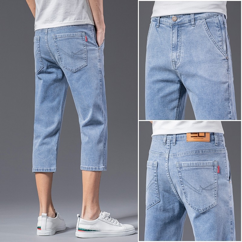 Jeansi bărbați, slim, 7/8 lungime, talie medie, denim din bumbac cu elastan