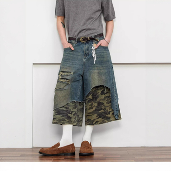 Șort denim cu cusătură camuflaj, aspect de două părți, croială cropped lejeră, talie medie, fermoar frontal