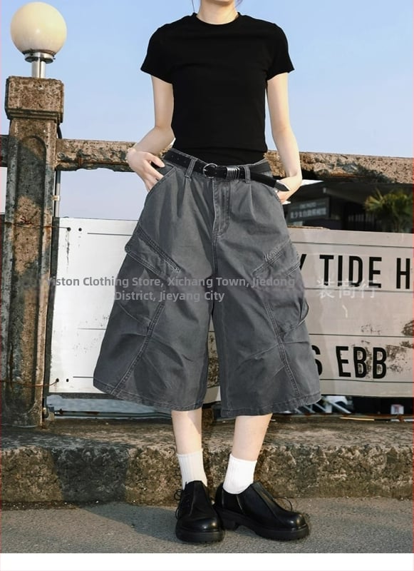 Șort denim cu cusătură camuflaj, aspect de două părți, croială cropped lejeră, talie medie, fermoar frontal