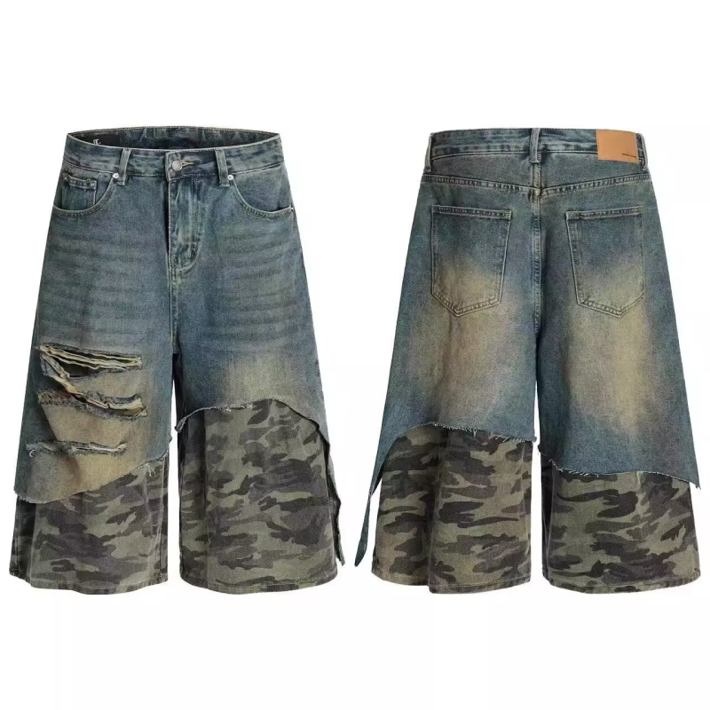 Șort denim cu cusătură camuflaj, aspect de două părți, croială cropped lejeră, talie medie, fermoar frontal