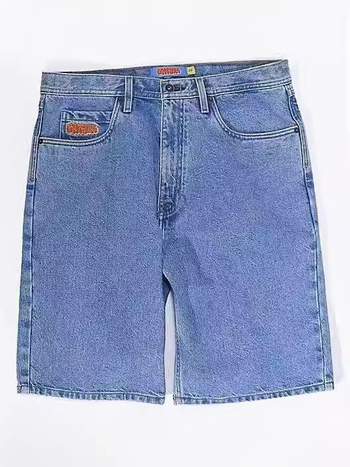 Șort din denim pentru bărbați, broderie vintage, stil hip-hop, croială dreaptă, bumbac