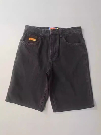 Șort din denim pentru bărbați, broderie vintage, stil hip-hop, croială dreaptă, bumbac