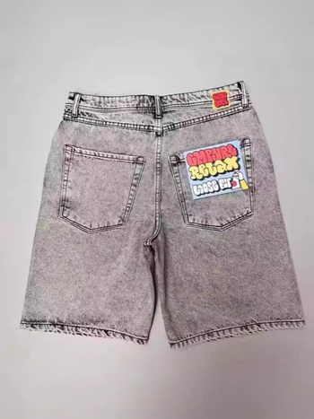 Șort din denim pentru bărbați, broderie vintage, stil hip-hop, croială dreaptă, bumbac