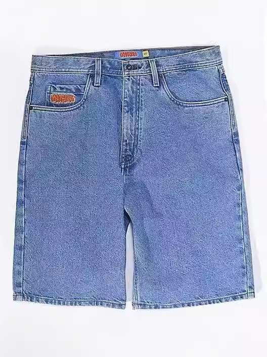 Șort din denim pentru bărbați, broderie vintage, stil hip-hop, croială dreaptă, bumbac