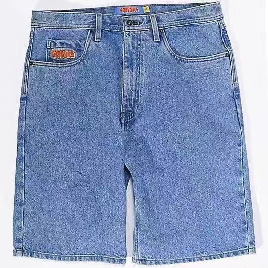 Șort din denim pentru bărbați, broderie vintage, stil hip-hop, croială dreaptă, bumbac