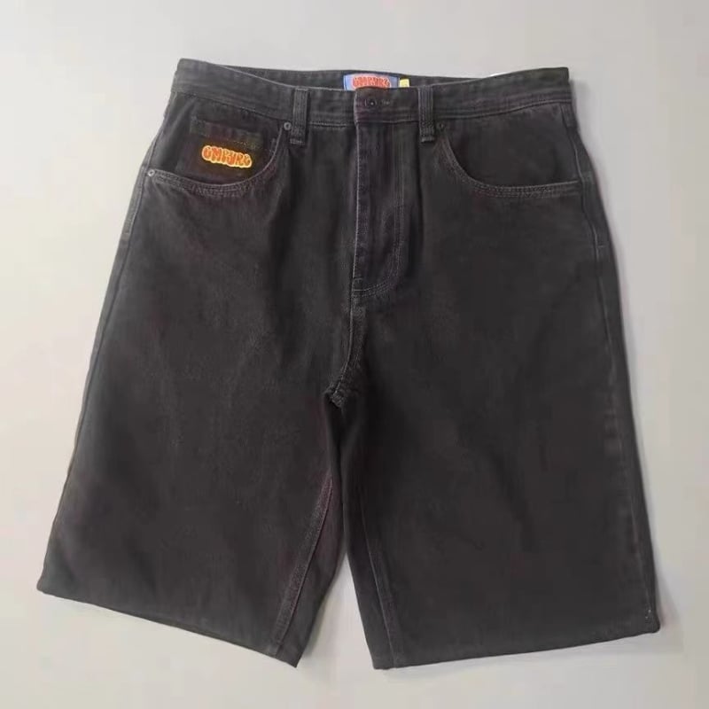 Șort din denim pentru bărbați, broderie vintage, stil hip-hop, croială dreaptă, bumbac