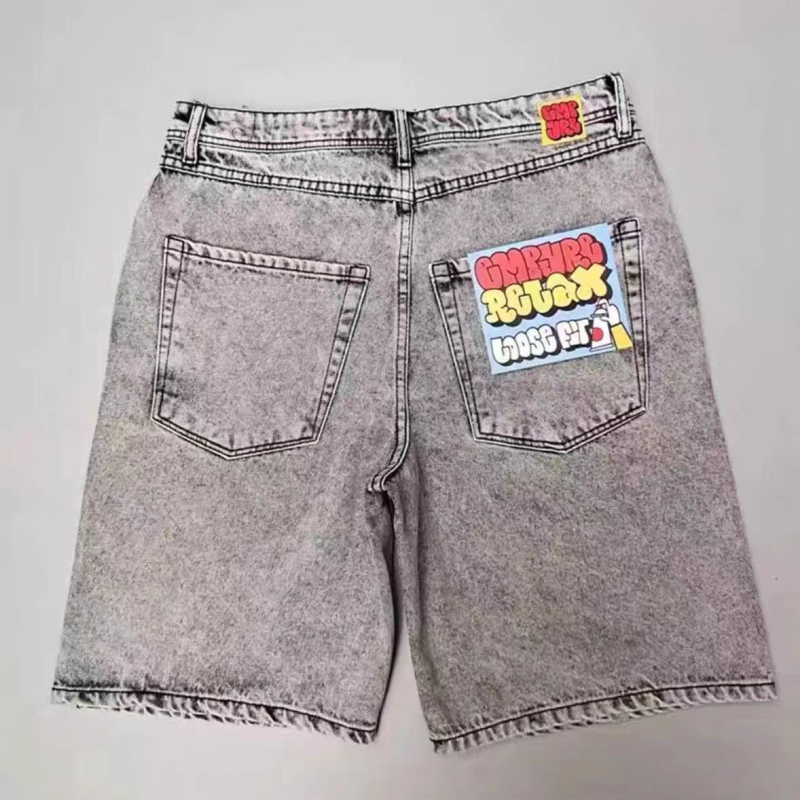 Șort din denim pentru bărbați, broderie vintage, stil hip-hop, croială dreaptă, bumbac