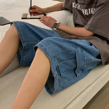 Șorturi denim pentru bărbați, lejer, talie medie, închidere cu șnur, streetwear de vară