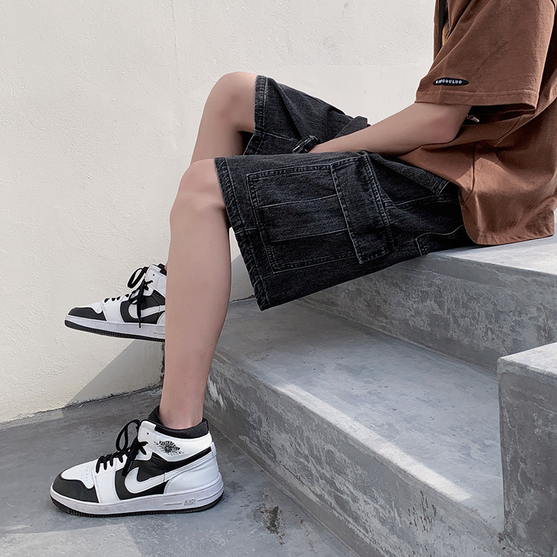 Șorturi denim pentru bărbați, lejer, talie medie, închidere cu șnur, streetwear de vară