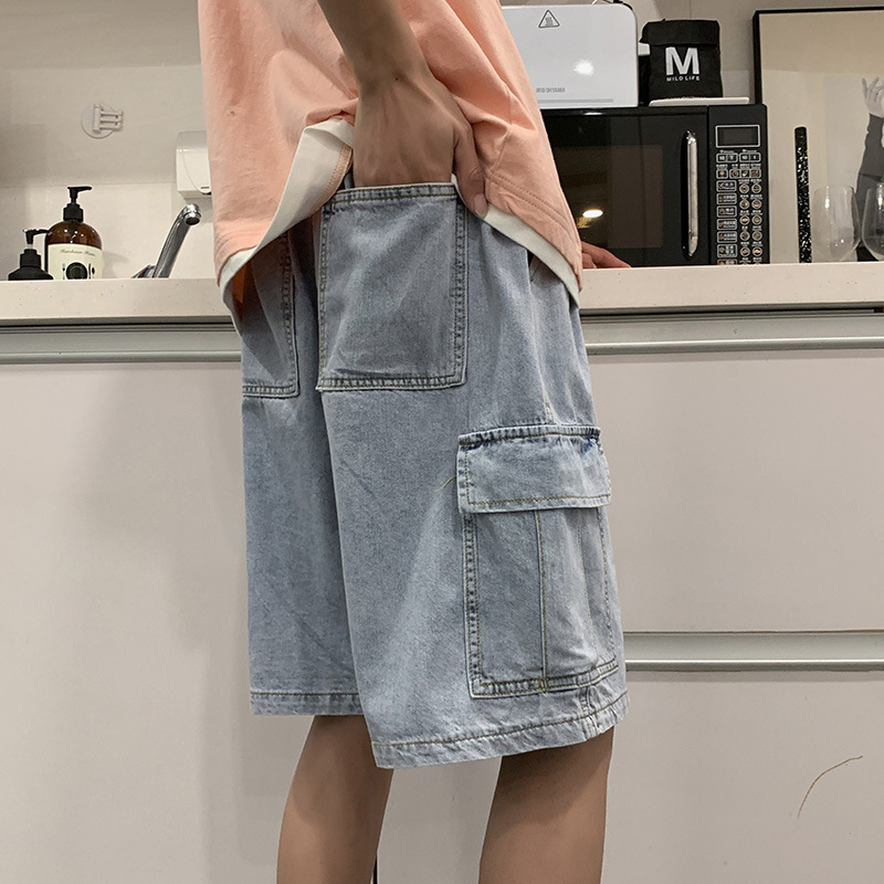 Șorturi denim pentru bărbați, lejer, talie medie, închidere cu șnur, streetwear de vară