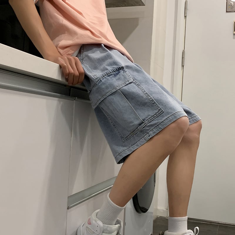 Șorturi denim pentru bărbați, lejer, talie medie, închidere cu șnur, streetwear de vară