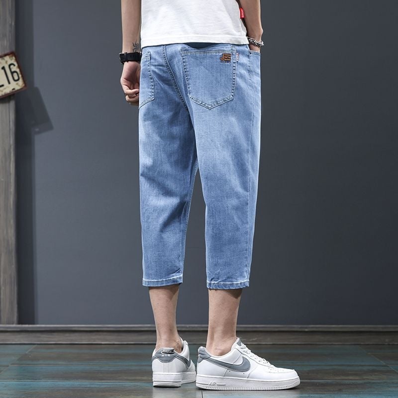 Șorturi denim pentru bărbați, talie medie, lungime cropped, croială dreaptă, buzunare multiple