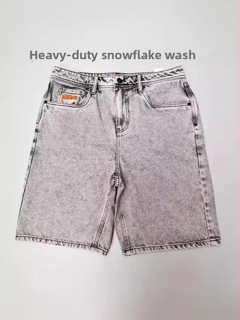 Ανδρικά τζιν σορτς, χαλαρή ευθεία γραμμή, μήκος πέντε σημείων, βαμβάκι, Στυλ Hip-Hop, Καλοκαίρι 2024