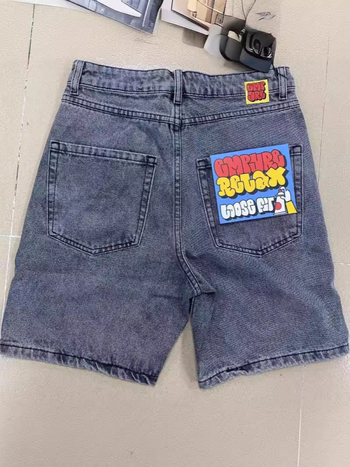 Ανδρικά τζιν σορτς, χαλαρή ευθεία γραμμή, μήκος πέντε σημείων, βαμβάκι, Στυλ Hip-Hop, Καλοκαίρι 2024