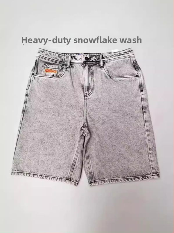 Vīriešu džinsa šorti, vaļīgs taisns siluets, piecu punktu garums, kokvilna, Hip-Hop stils, vasara 2024