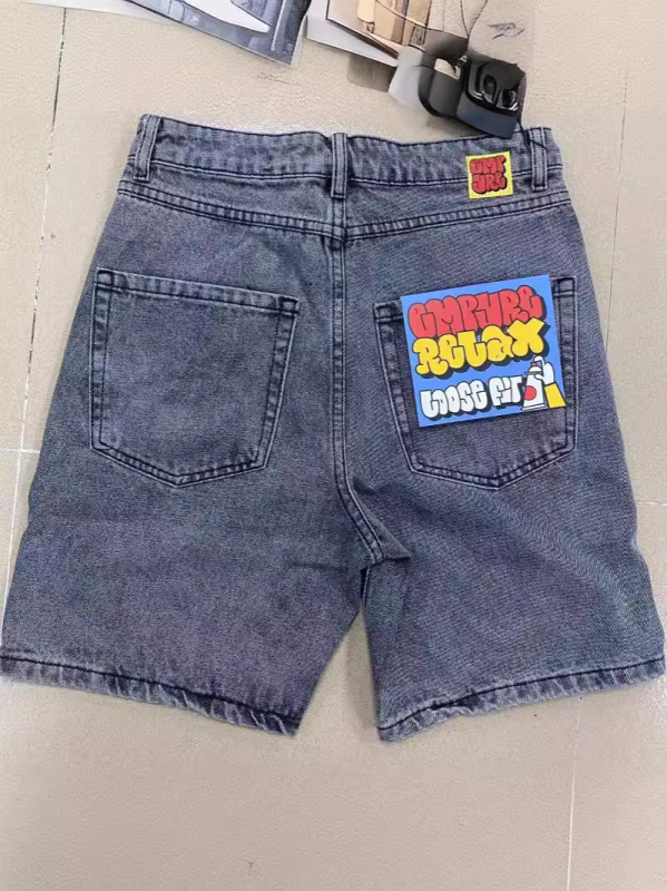 Ανδρικά τζιν σορτς, χαλαρή ευθεία γραμμή, μήκος πέντε σημείων, βαμβάκι, Στυλ Hip-Hop, Καλοκαίρι 2024