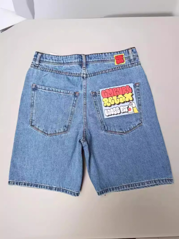 Ανδρικά τζιν σορτς, χαλαρή ευθεία γραμμή, μήκος πέντε σημείων, βαμβάκι, Στυλ Hip-Hop, Καλοκαίρι 2024