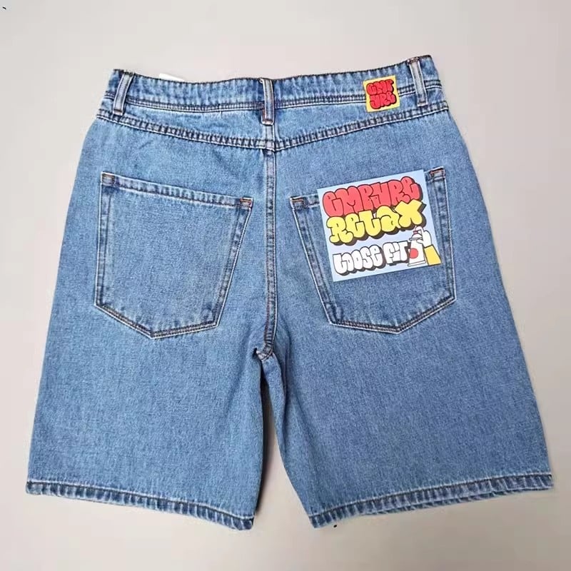Ανδρικά τζιν σορτς, χαλαρή ευθεία γραμμή, μήκος πέντε σημείων, βαμβάκι, Στυλ Hip-Hop, Καλοκαίρι 2024