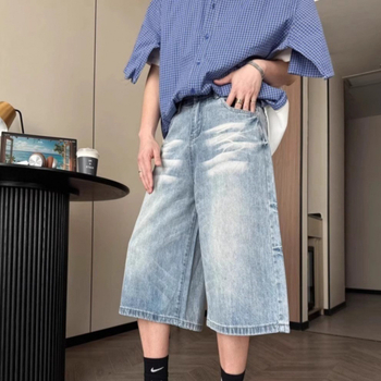 Șorturi denim Capri pentru bărbați Cat Whiskers – croială lejeră, drept la picior, vara 2025