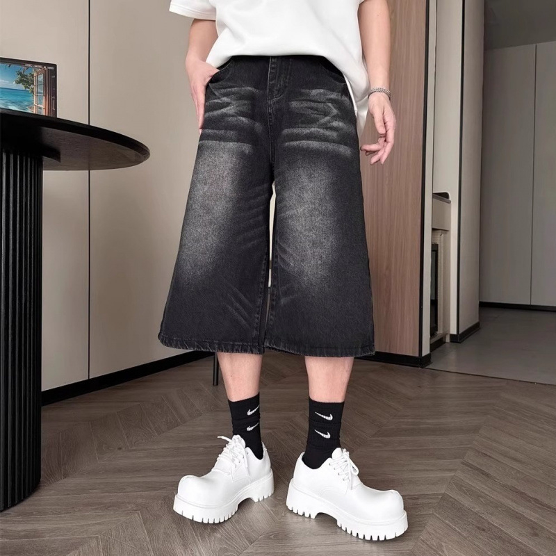 Șorturi denim Capri pentru bărbați Cat Whiskers – croială lejeră, drept la picior, vara 2025