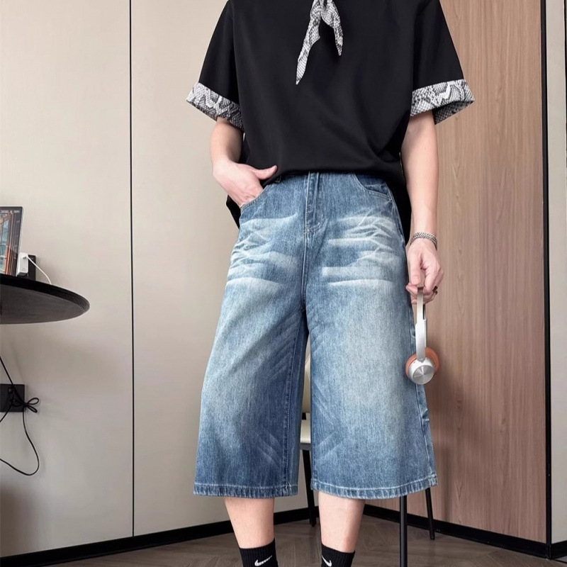 Șorturi denim Capri pentru bărbați Cat Whiskers – croială lejeră, drept la picior, vara 2025