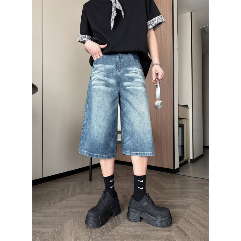 Șorturi denim Capri pentru bărbați Cat Whiskers – croială lejeră, drept la picior, vara 2025