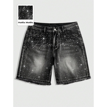 Șort denim pentru bărbați cu distres și Water Diamond, croială lejeră, talie dublă, căptușite cu fleece, material poliester