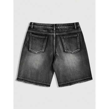 Șort denim pentru bărbați cu distres și Water Diamond, croială lejeră, talie dublă, căptușite cu fleece, material poliester