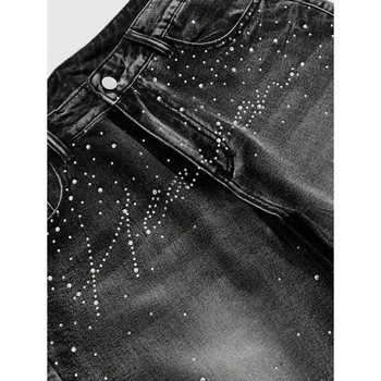 Șort denim pentru bărbați cu distres și Water Diamond, croială lejeră, talie dublă, căptușite cu fleece, material poliester