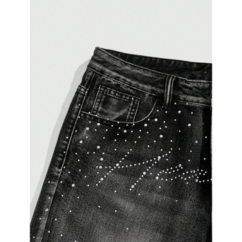 Șort denim pentru bărbați cu distres și Water Diamond, croială lejeră, talie dublă, căptușite cu fleece, material poliester