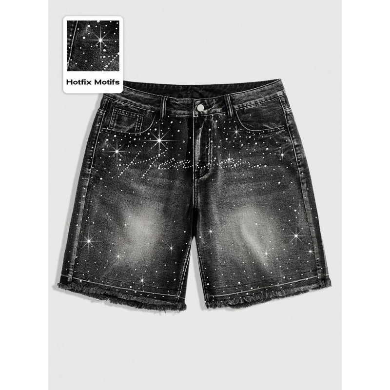 Șort denim pentru bărbați cu distres și Water Diamond, croială lejeră, talie dublă, căptușite cu fleece, material poliester