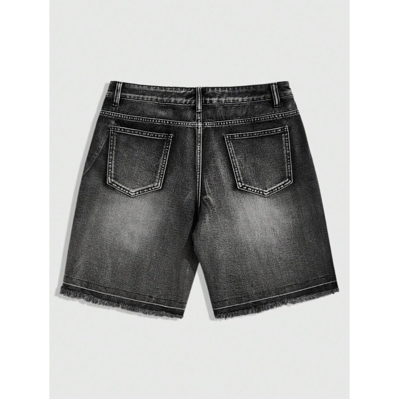 Șort denim pentru bărbați cu distres și Water Diamond, croială lejeră, talie dublă, căptușite cu fleece, material poliester