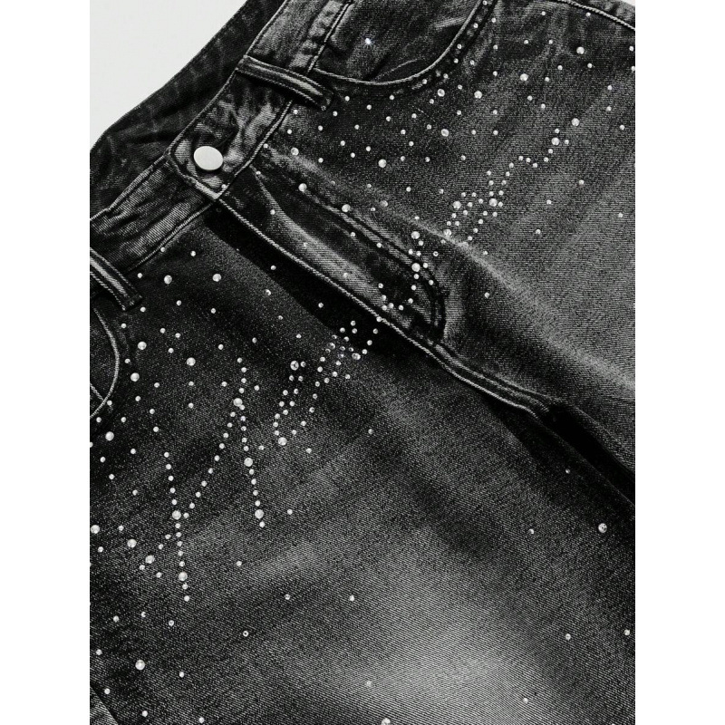 Șort denim pentru bărbați cu distres și Water Diamond, croială lejeră, talie dublă, căptușite cu fleece, material poliester