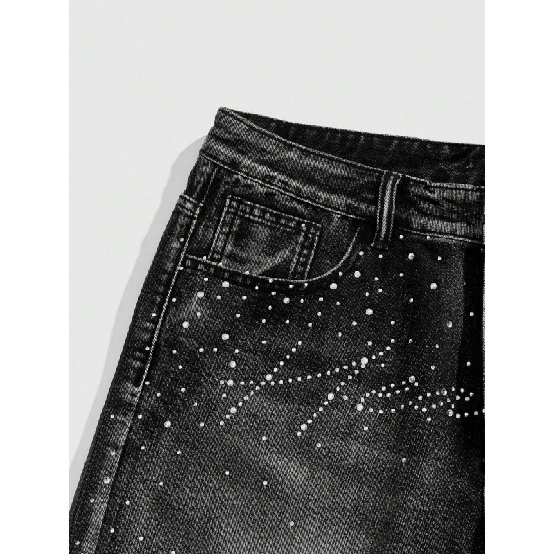 Șort denim pentru bărbați cu distres și Water Diamond, croială lejeră, talie dublă, căptușite cu fleece, material poliester