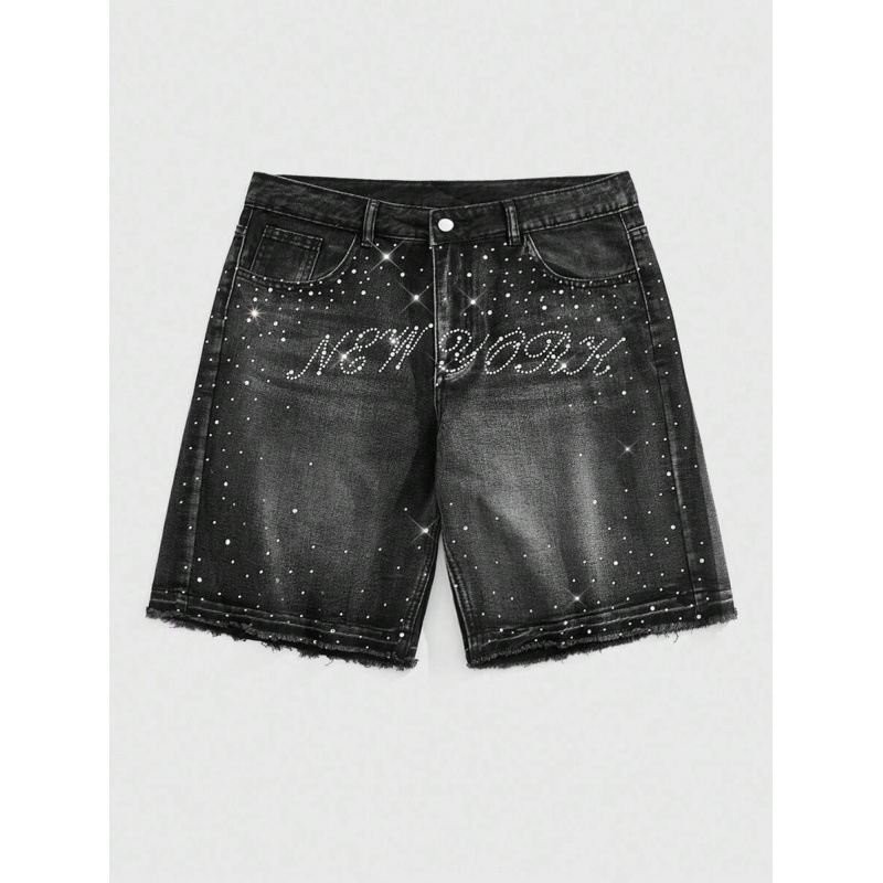 Șort denim pentru bărbați cu distres și Water Diamond, croială lejeră, talie dublă, căptușite cu fleece, material poliester