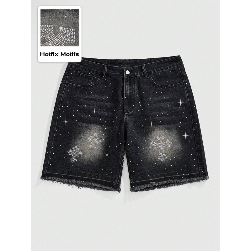 Șort denim pentru bărbați cu distres și Water Diamond, croială lejeră, talie dublă, căptușite cu fleece, material poliester