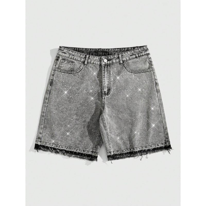 Șort denim pentru bărbați cu distres și Water Diamond, croială lejeră, talie dublă, căptușite cu fleece, material poliester