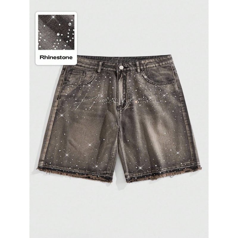 Șort denim pentru bărbați cu distres și Water Diamond, croială lejeră, talie dublă, căptușite cu fleece, material poliester