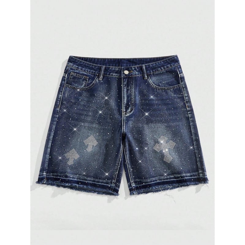 Șort denim pentru bărbați cu distres și Water Diamond, croială lejeră, talie dublă, căptușite cu fleece, material poliester