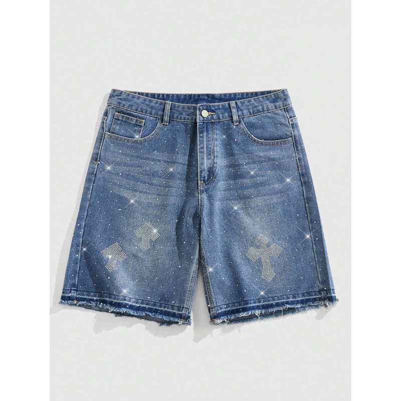 Șort denim pentru bărbați cu distres și Water Diamond, croială lejeră, talie dublă, căptușite cu fleece, material poliester