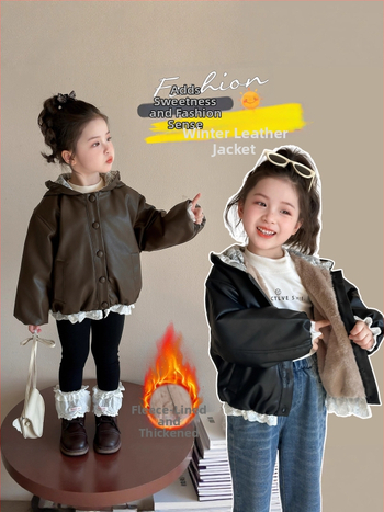 Детско PU кожено яке с подплата от плюш, качулка, корейски стил, къс модел, цип (за възраст 3–8 години, зима 2025)