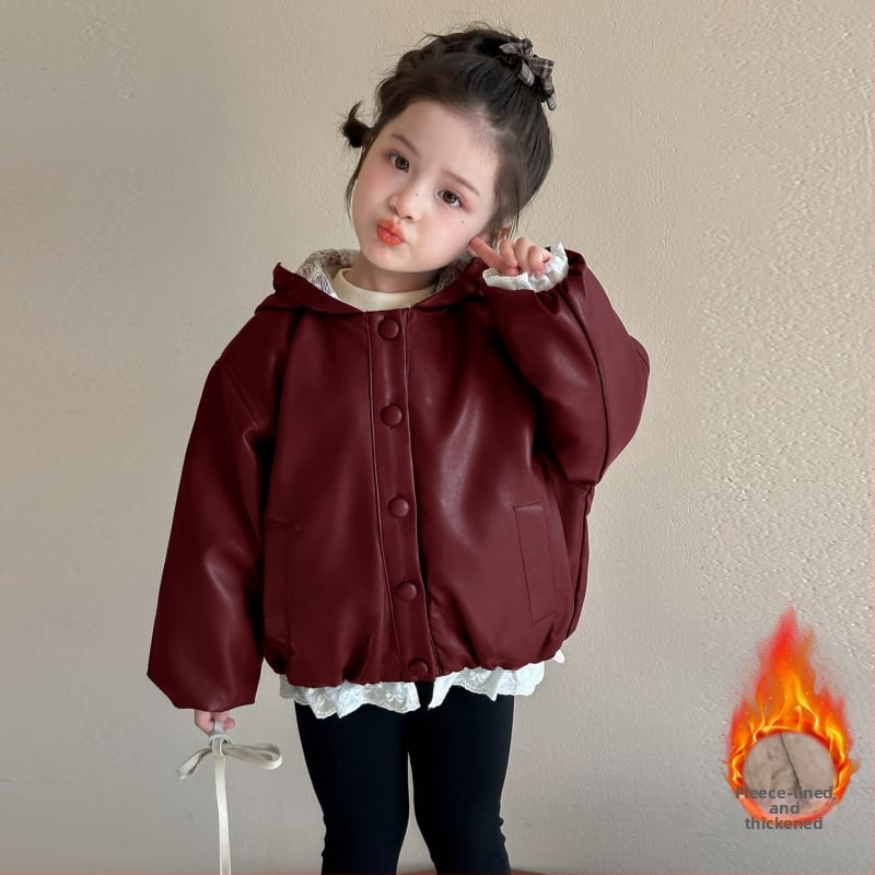Детско PU кожено яке с подплата от плюш, качулка, корейски стил, къс модел, цип (за възраст 3–8 години, зима 2025)