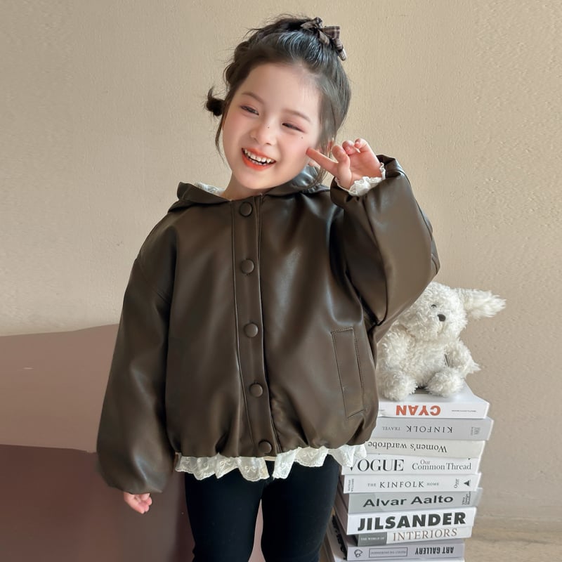 Детско PU кожено яке с подплата от плюш, качулка, корейски стил, къс модел, цип (за възраст 3–8 години, зима 2025)