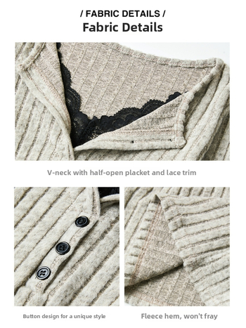 Γυναικεία T-shirt με δαντελωτή λεπτομέρεια, μακριά μανίκια, στενή γραμμή, μικρός γιακάς