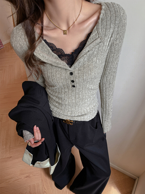 Γυναικεία T-shirt με δαντελωτή λεπτομέρεια, μακριά μανίκια, στενή γραμμή, μικρός γιακάς