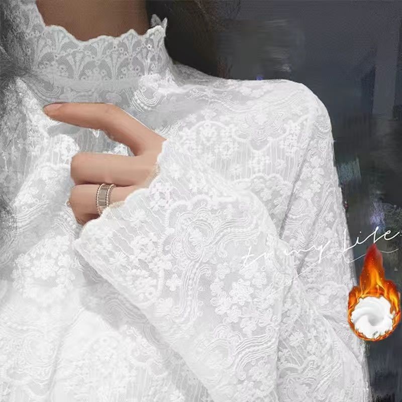Top din dantelă cu plasă, mâneci lungi, guler semi-înalt, croială slim, toamnă 2023