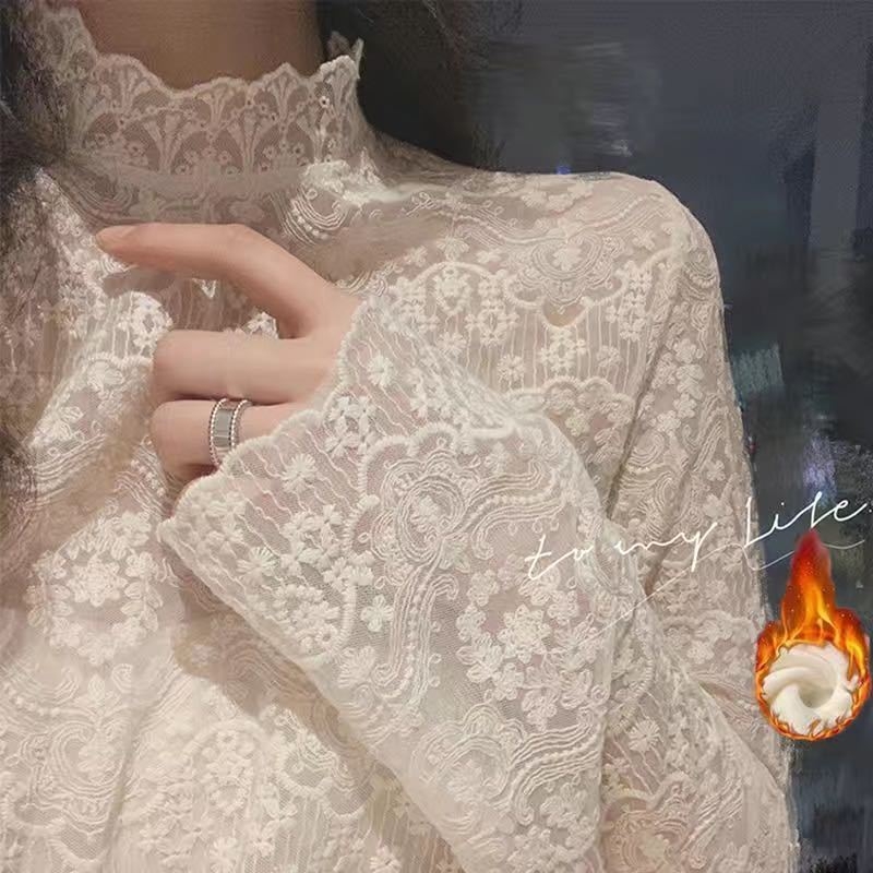 Top din dantelă cu plasă, mâneci lungi, guler semi-înalt, croială slim, toamnă 2023
