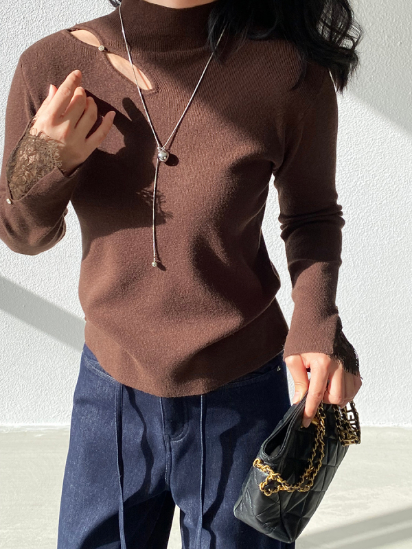 Ženski pulover s kapuljačom, čipkastim detaljem i prorezima, dugi rukav, zimski stil