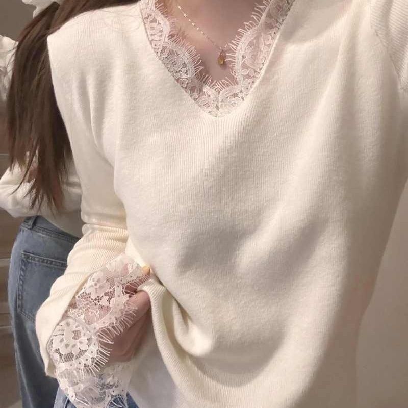 Tricou T cu decolteu în V, mâneci lungi, croială slim, material chenille cu elastan, primăvara 2025