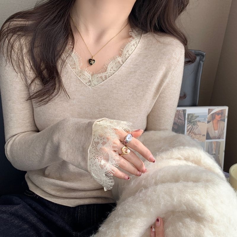Tricou T cu decolteu în V, mâneci lungi, croială slim, material chenille cu elastan, primăvara 2025